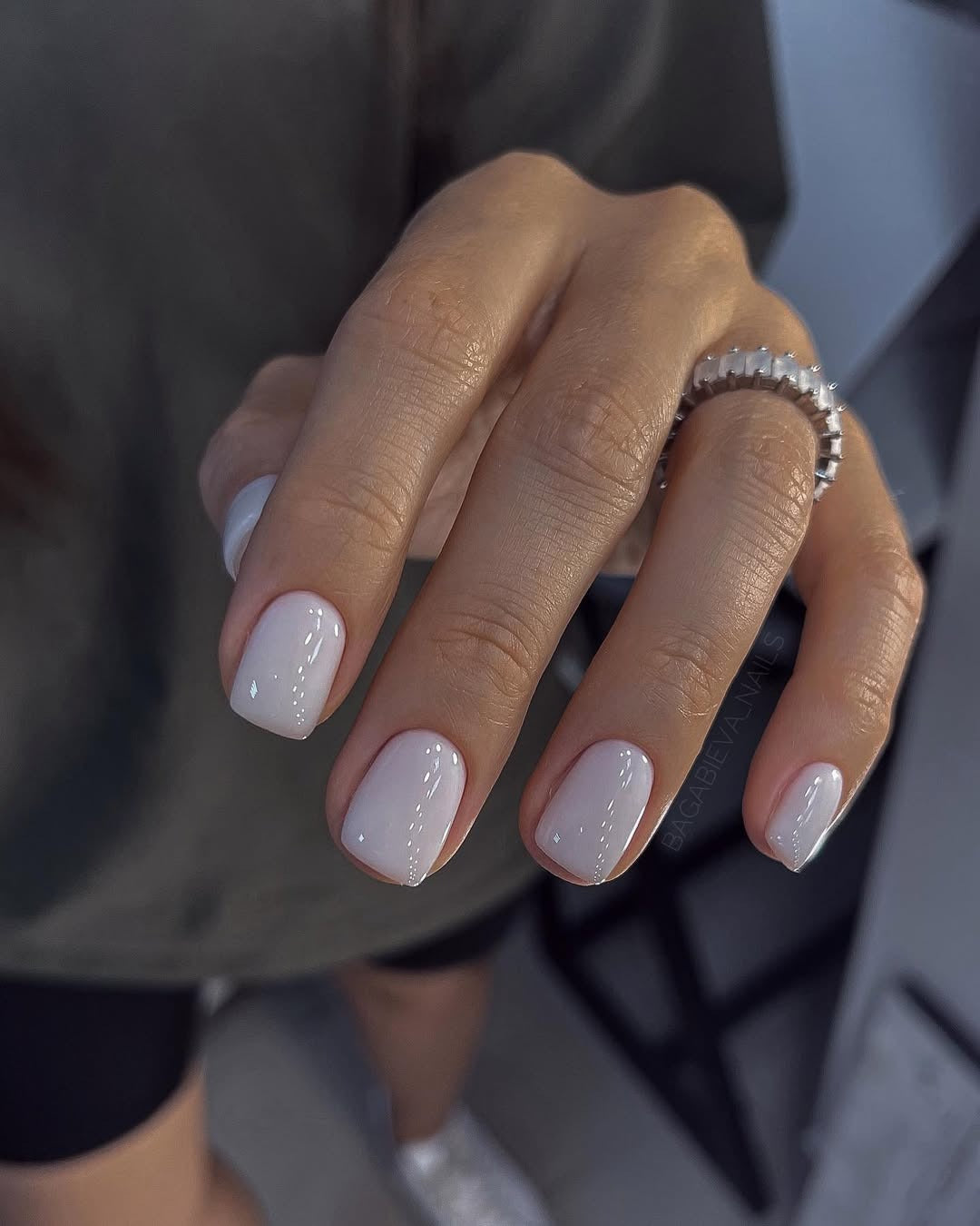White and silver nails with all white nails, milky chrome nails, nude almond nails, coffin.