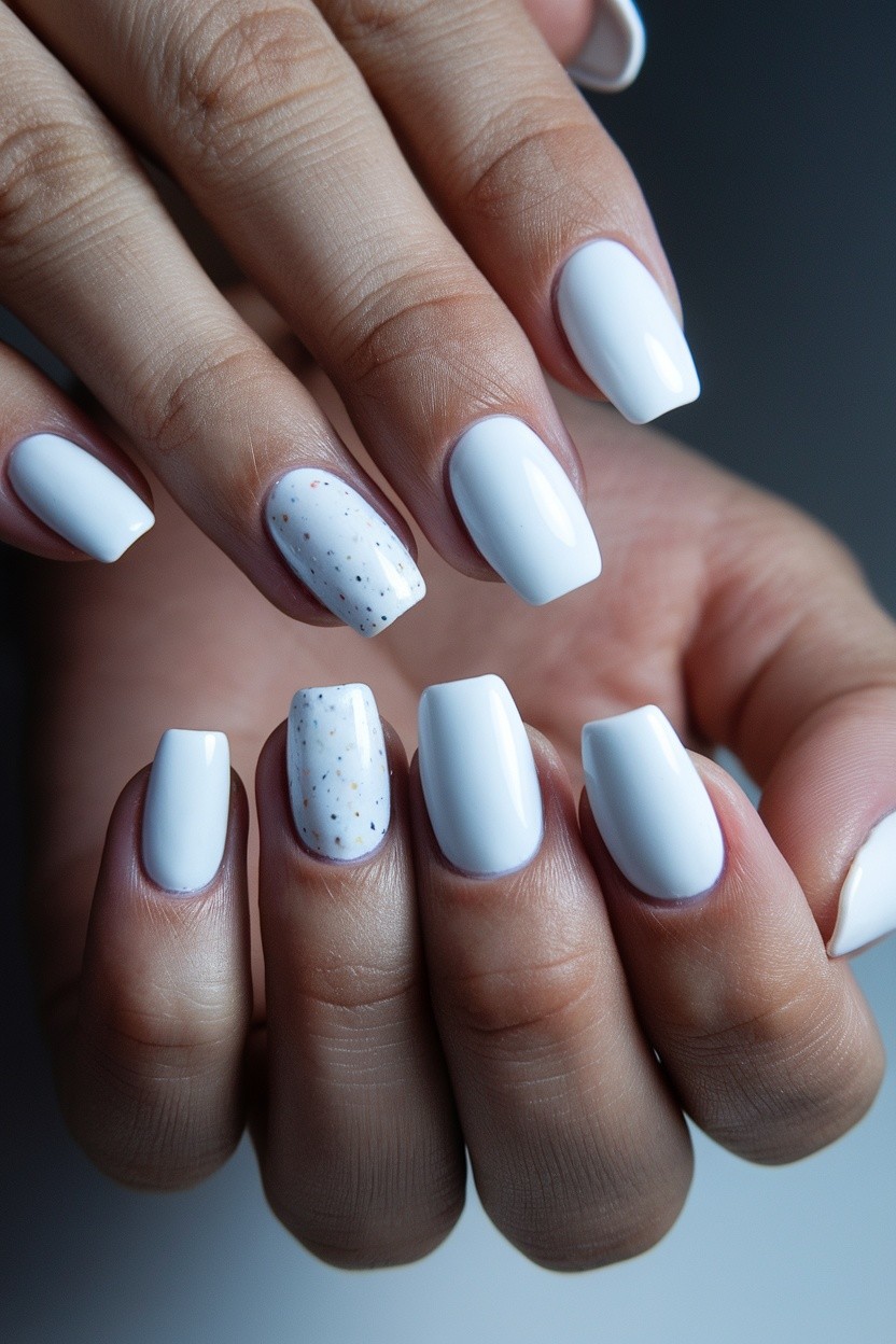 Off white nails with brown and white nails, short chrome nails, winter.