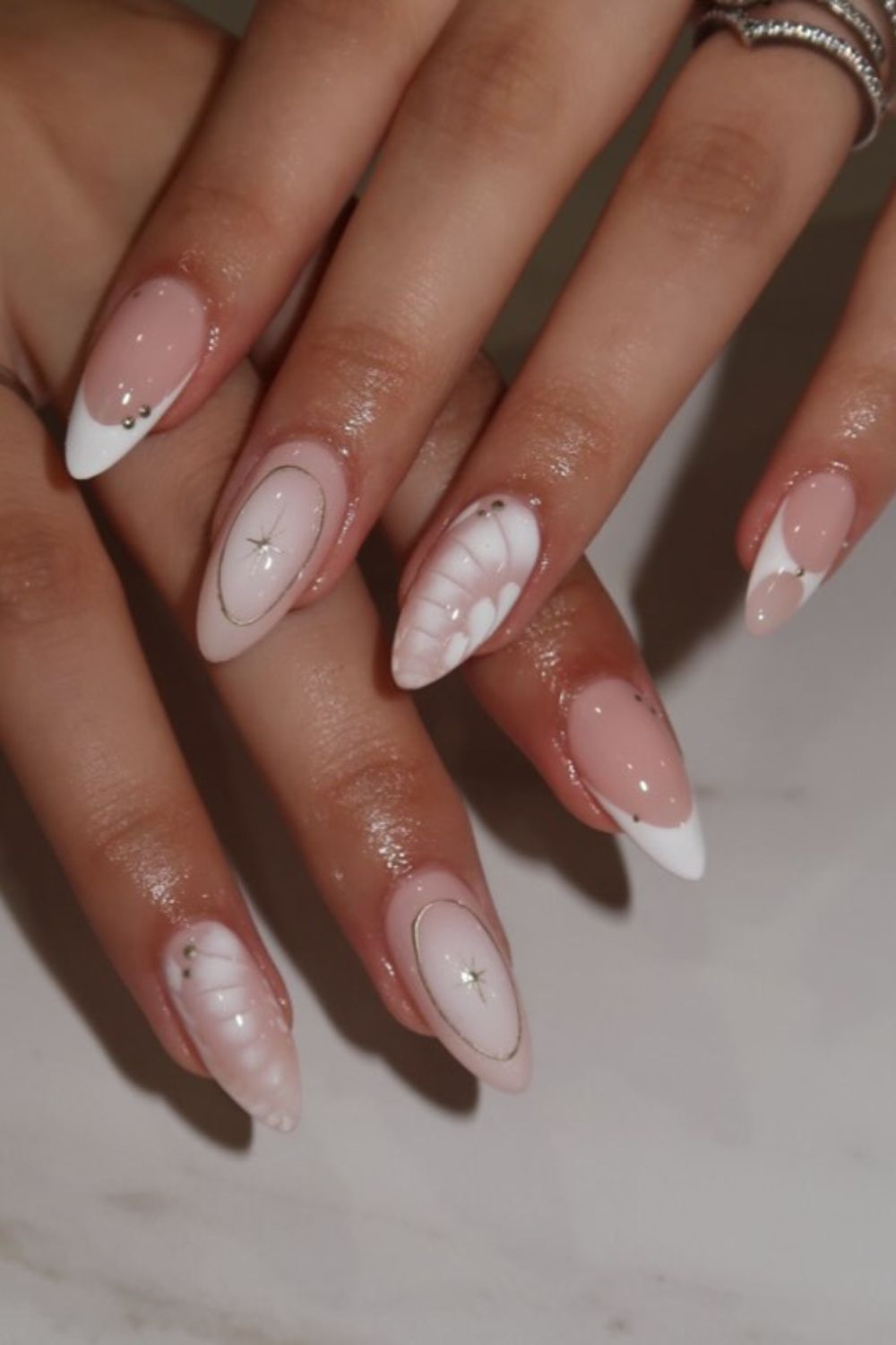 White pearl nails with toe nails ideas, chrome French tip nails, short French tip.