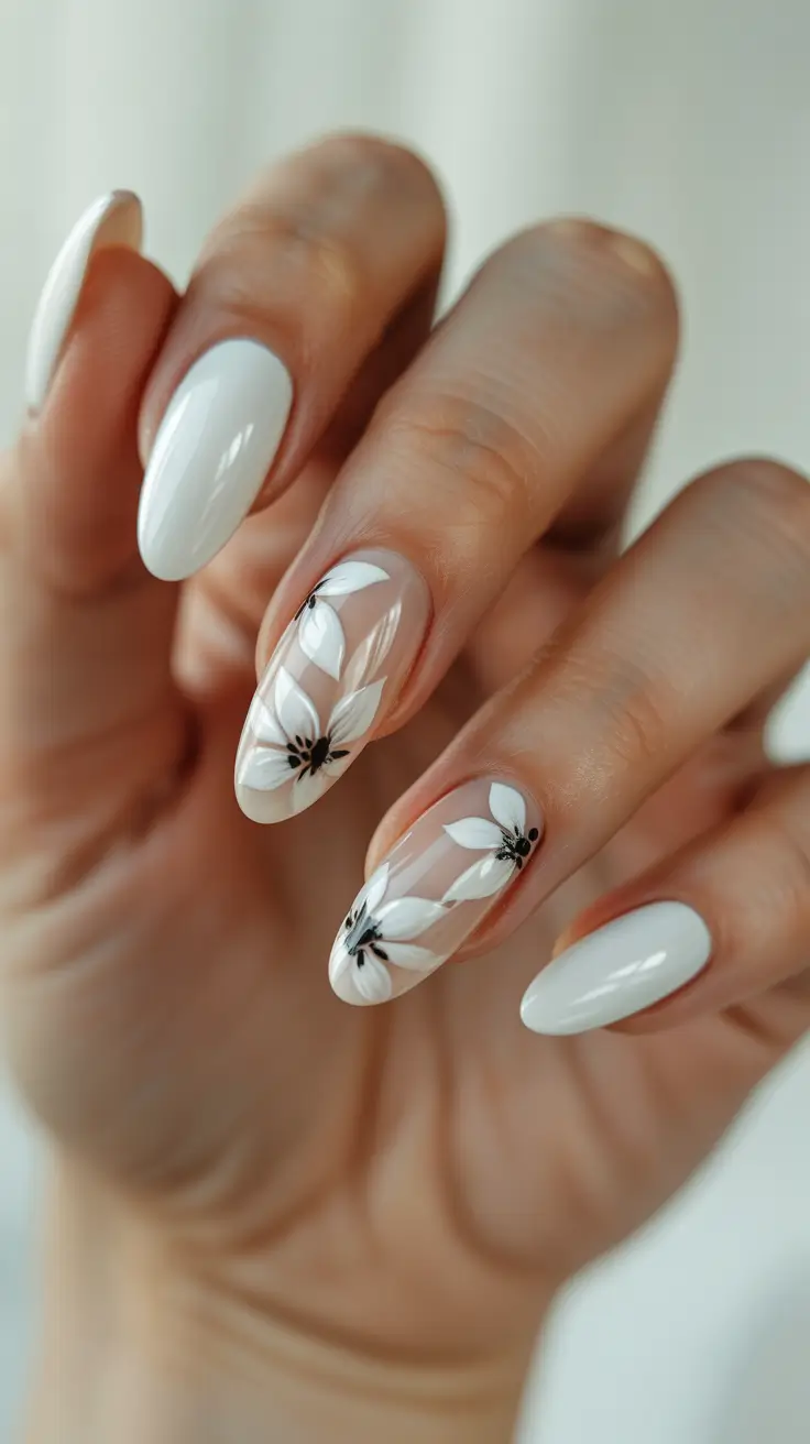 White on white French tip nails with almond, gold nail inspo, green and.