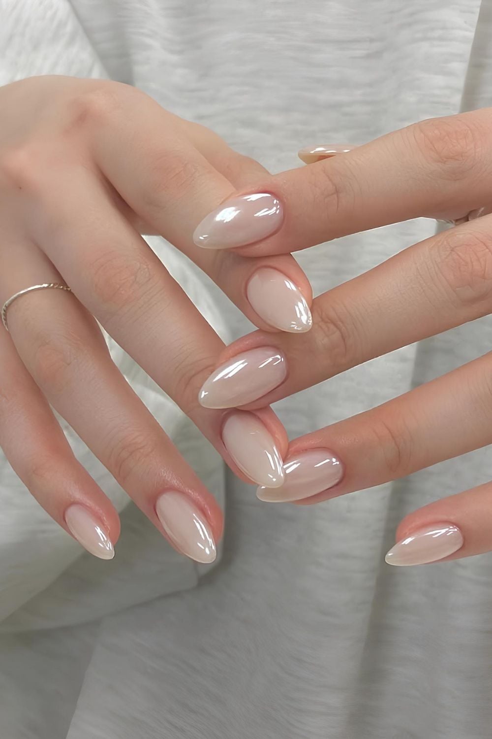 Milky white chrome nails with light blue and white nails, champagne nails, red and milky French.
