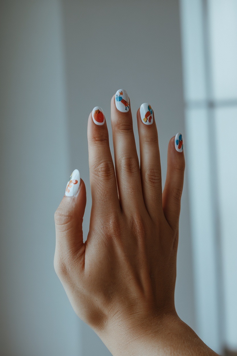 White gel nails with elegant nails, baby pink nails, Christmas, blue and floral.