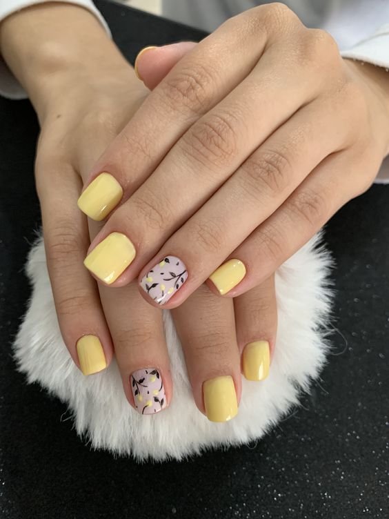 Yellow acrylic nails, pastel yellow nails design, yellow floral nails, easy nail designs, neon summer nails, pink, red and, baby blue and.