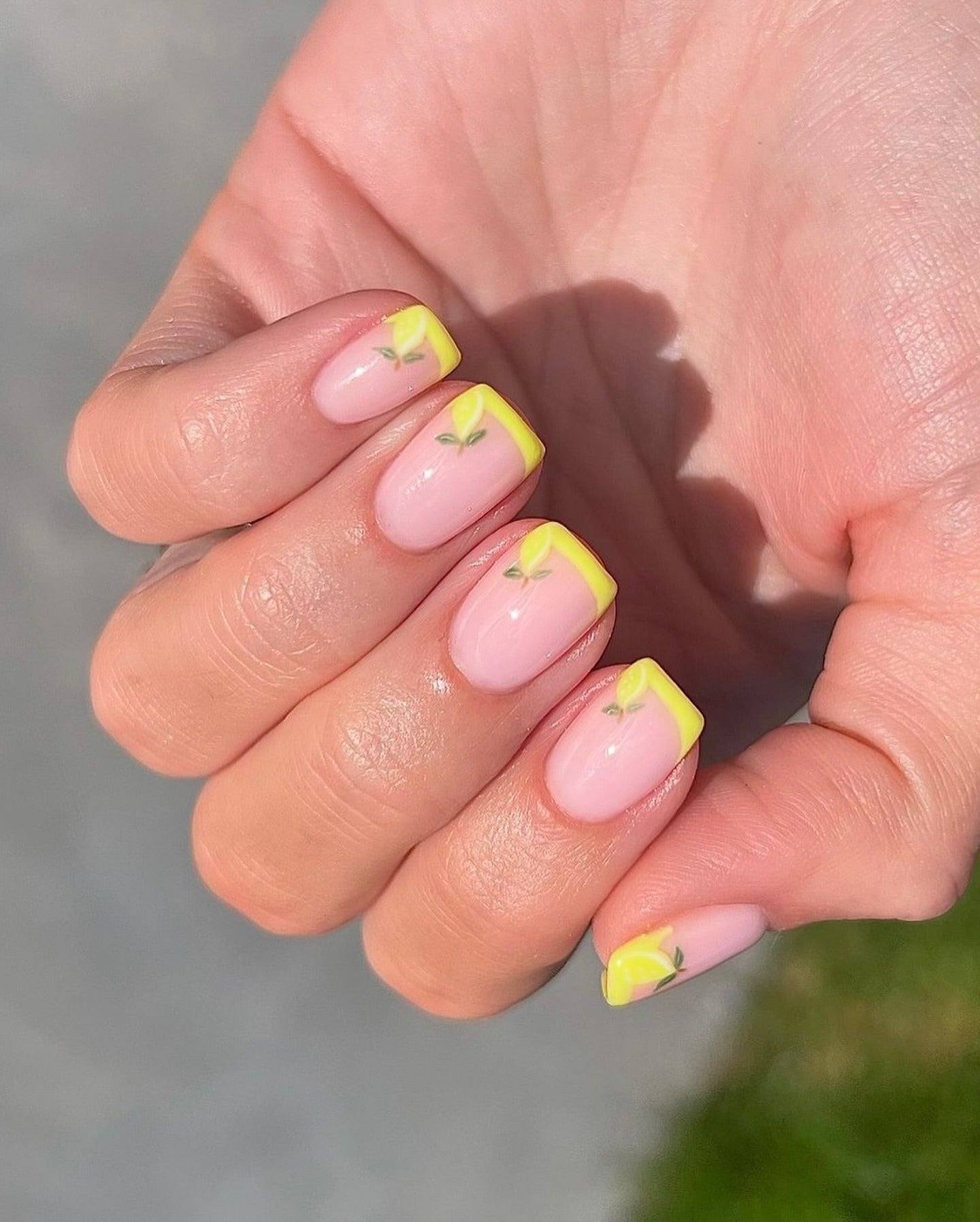 Pink and yellow summer nails, red and yellow nails, yellow easter nails, yellow and navy nails, neon almond shaped nails, toe, tip, butter square.