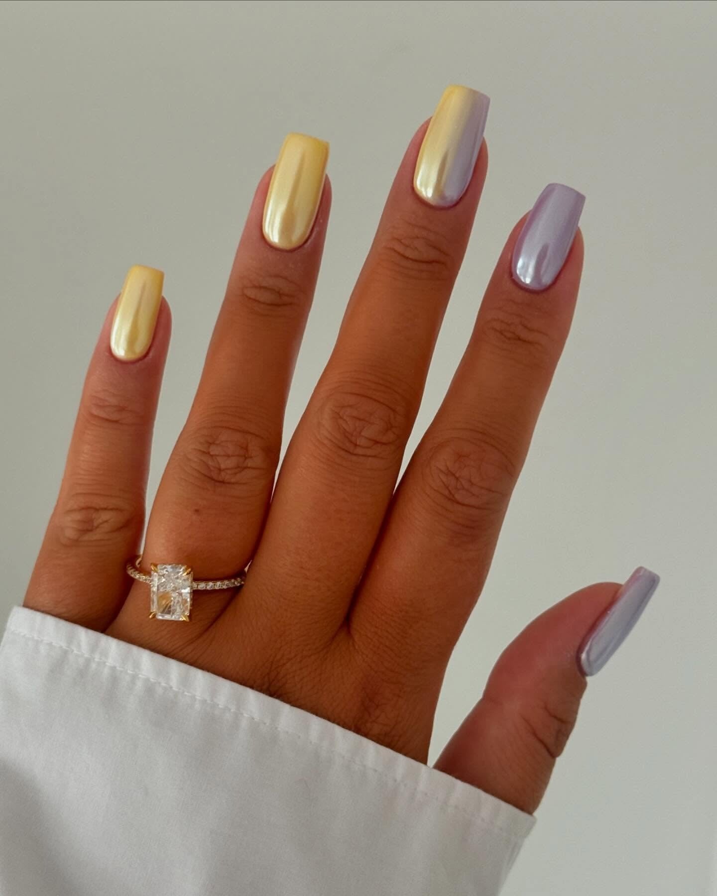 Blue yellow nails, light yellow french tip nails, yellow nail art, neon chrome nails, toe nail colors for summer, polka dot, with flowers, navy and.