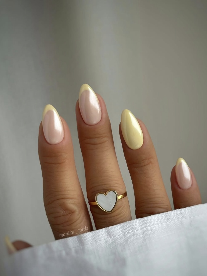 Yellow and white nails, butter yellow french nails, bright nails, pastel chrome nails, pastel yellow toes, flower, neon acrylic, buttermilk.