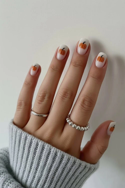 Simple pumpkin nail art on a neutral base
