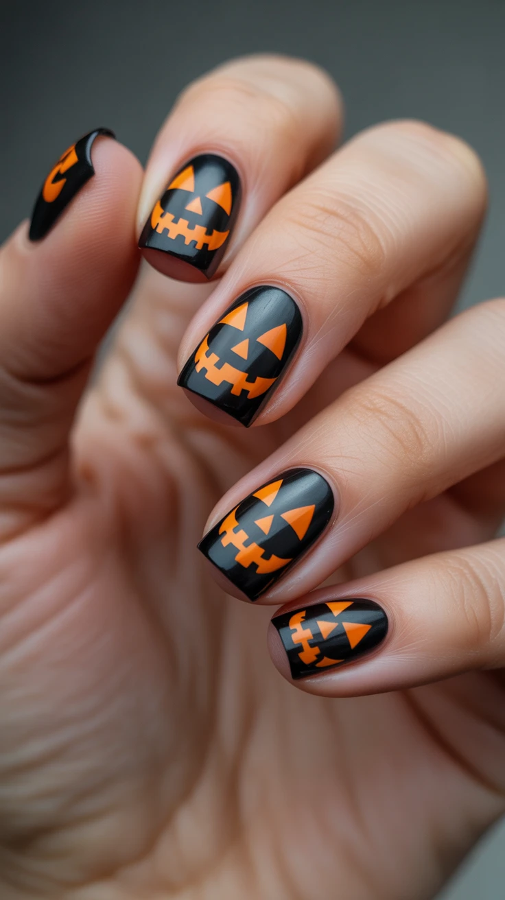 Matte black nails with orange jack-o'-lantern faces