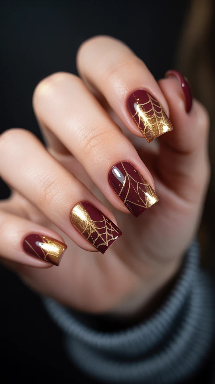 Maroon nails with gold spider web accents