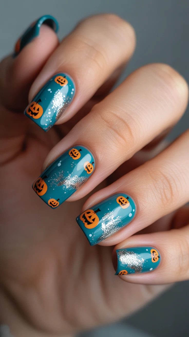 Teal nails with pumpkin and glitter details