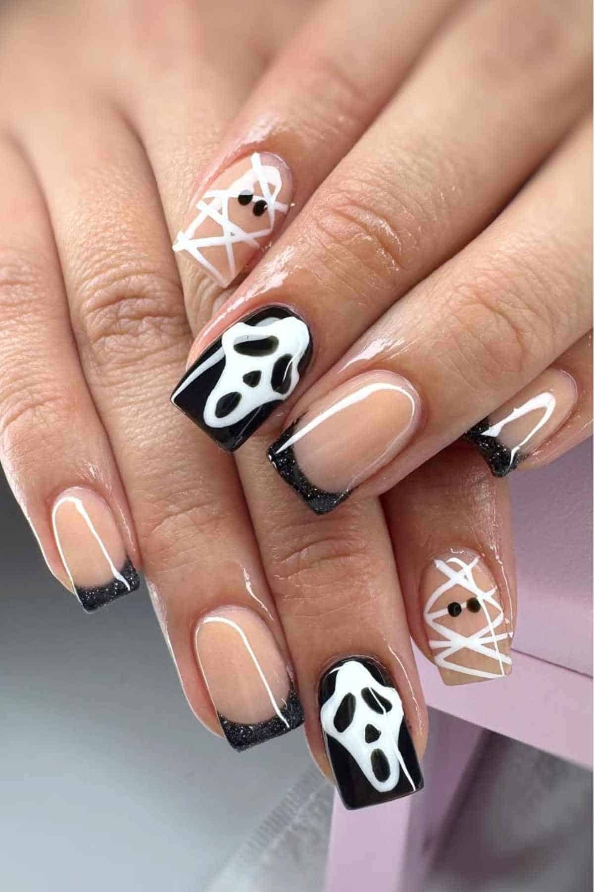 Mummy and ghost nail art with French tips