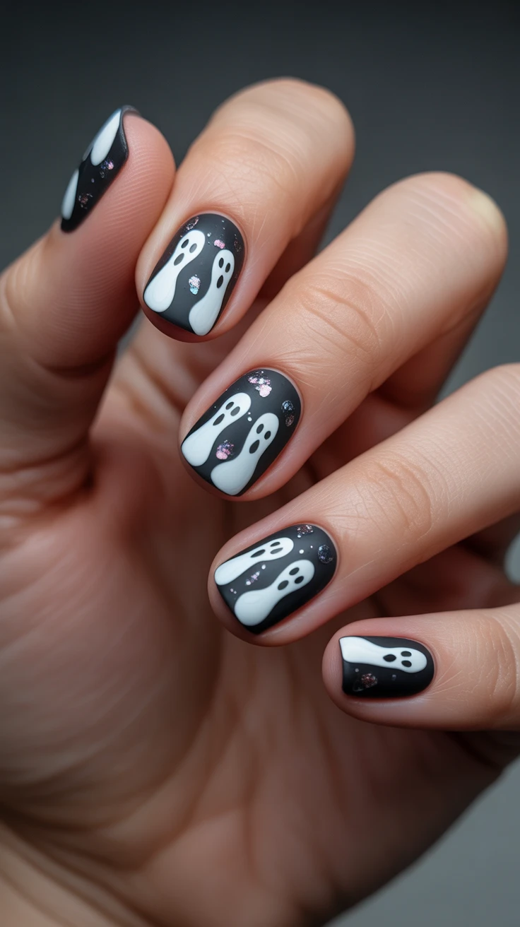 Black and white ghost nail art on short nails