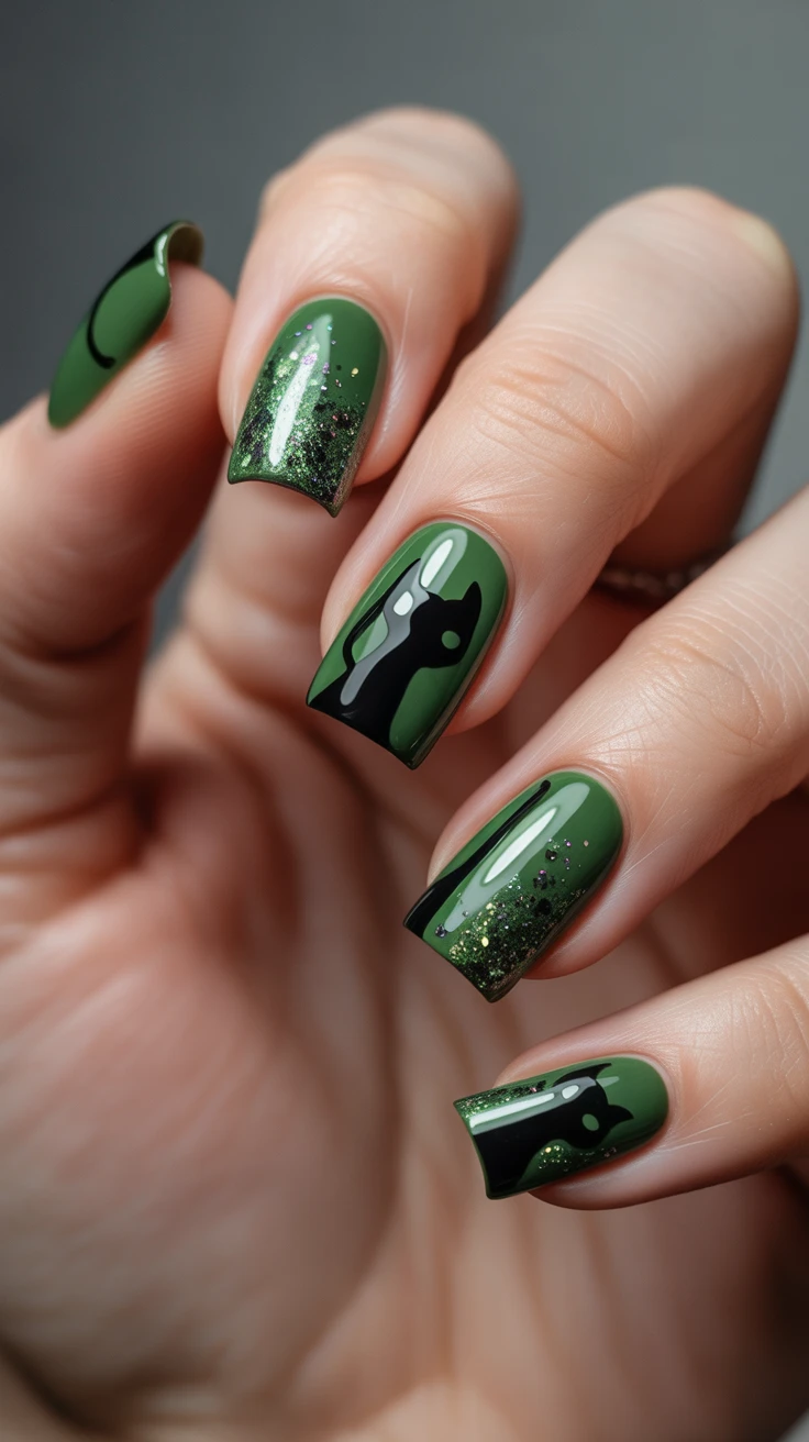 Green nails with black cat and glitter
