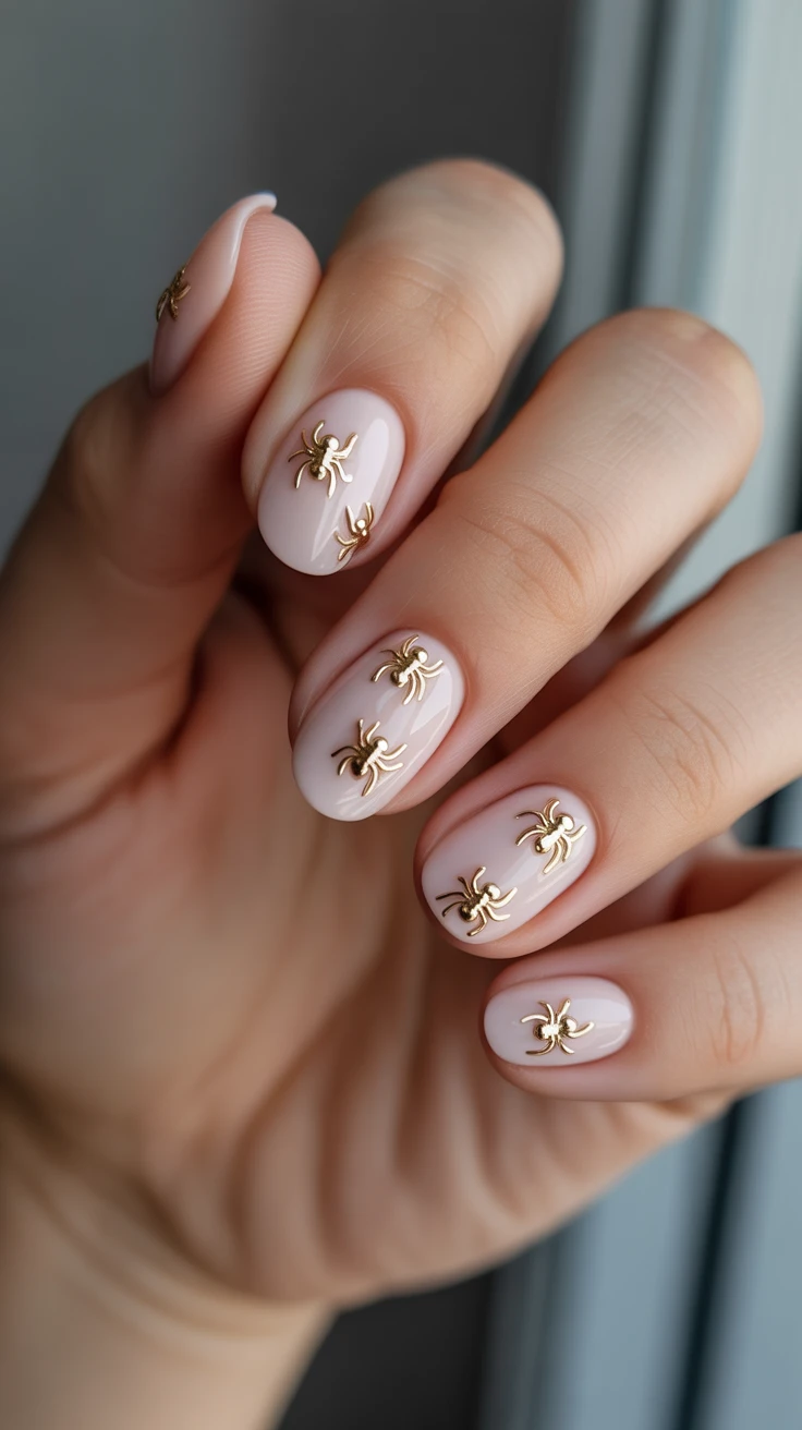 Nude nails with gold spider designs