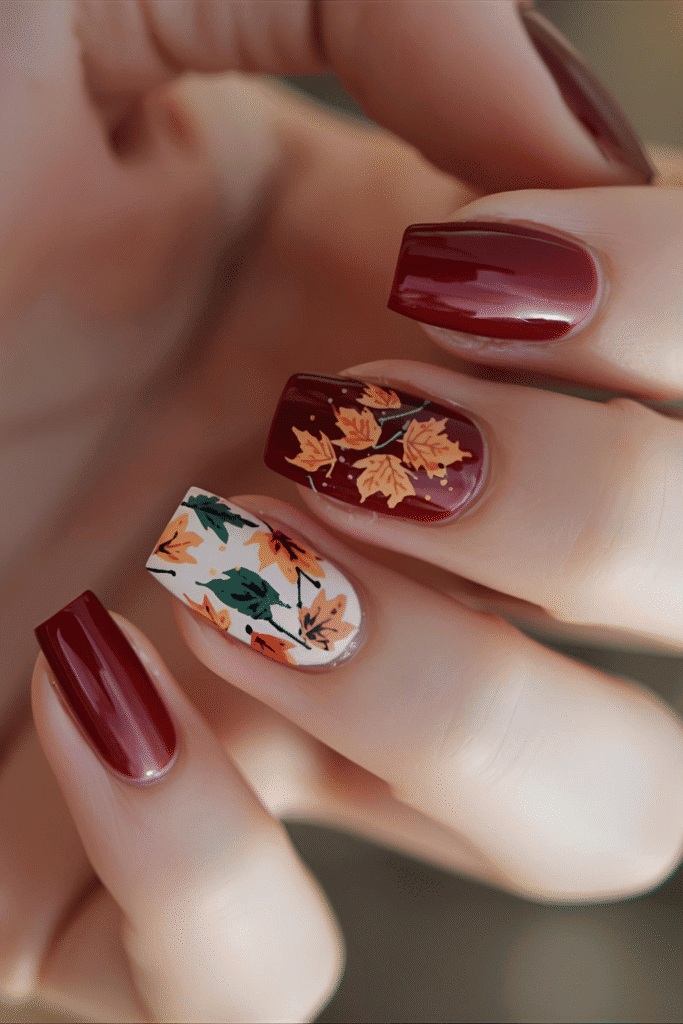 Burgundy nails with maple leaf art