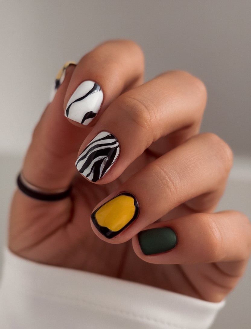 Black and white nails with yellow accent