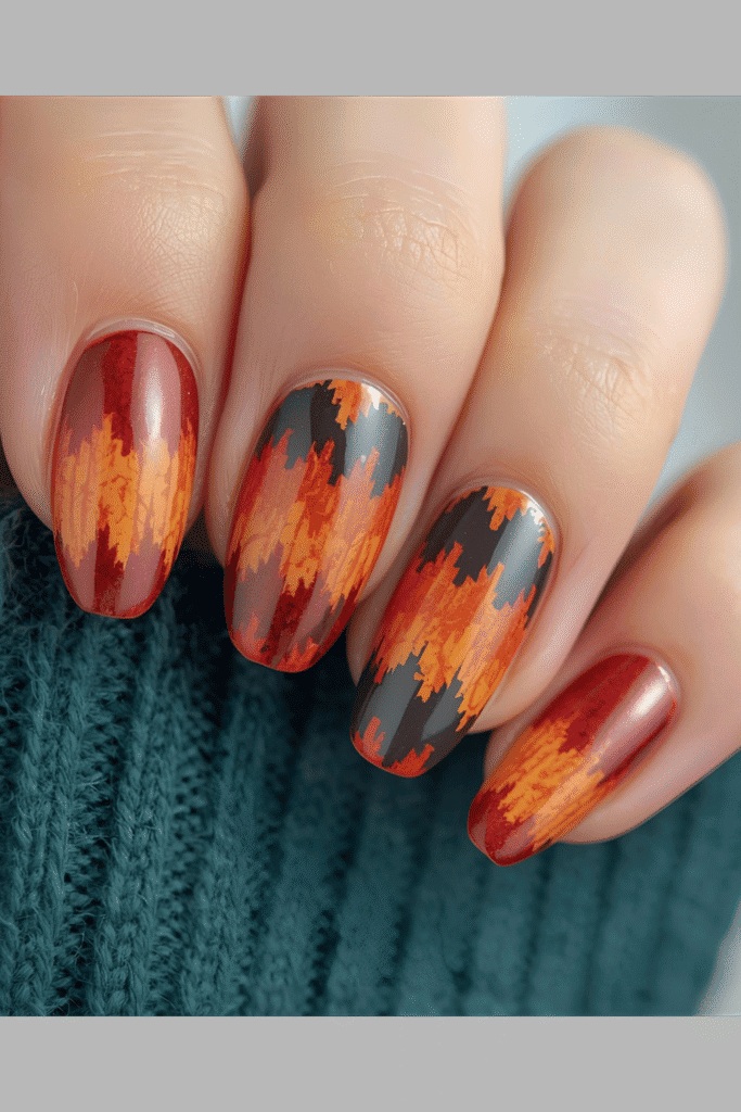 Orange and black brushstroke nails