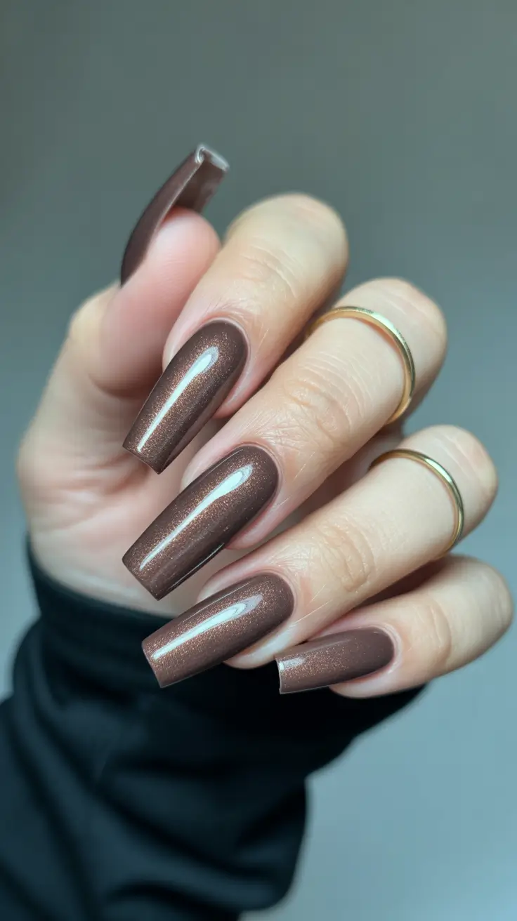 Cocoa brown square nails with shimmer finish