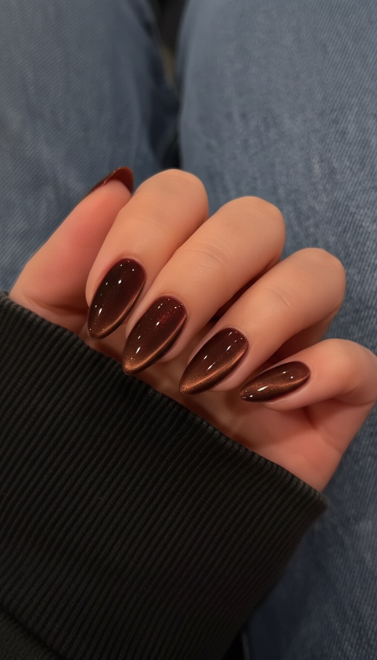 Espresso almond nails with glossy shine