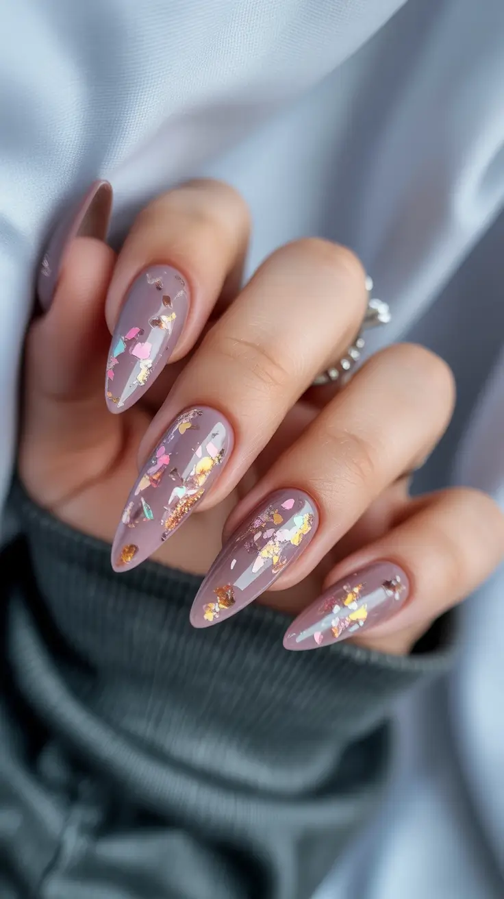 Dreamy lavender almond nails with iridescent shards
