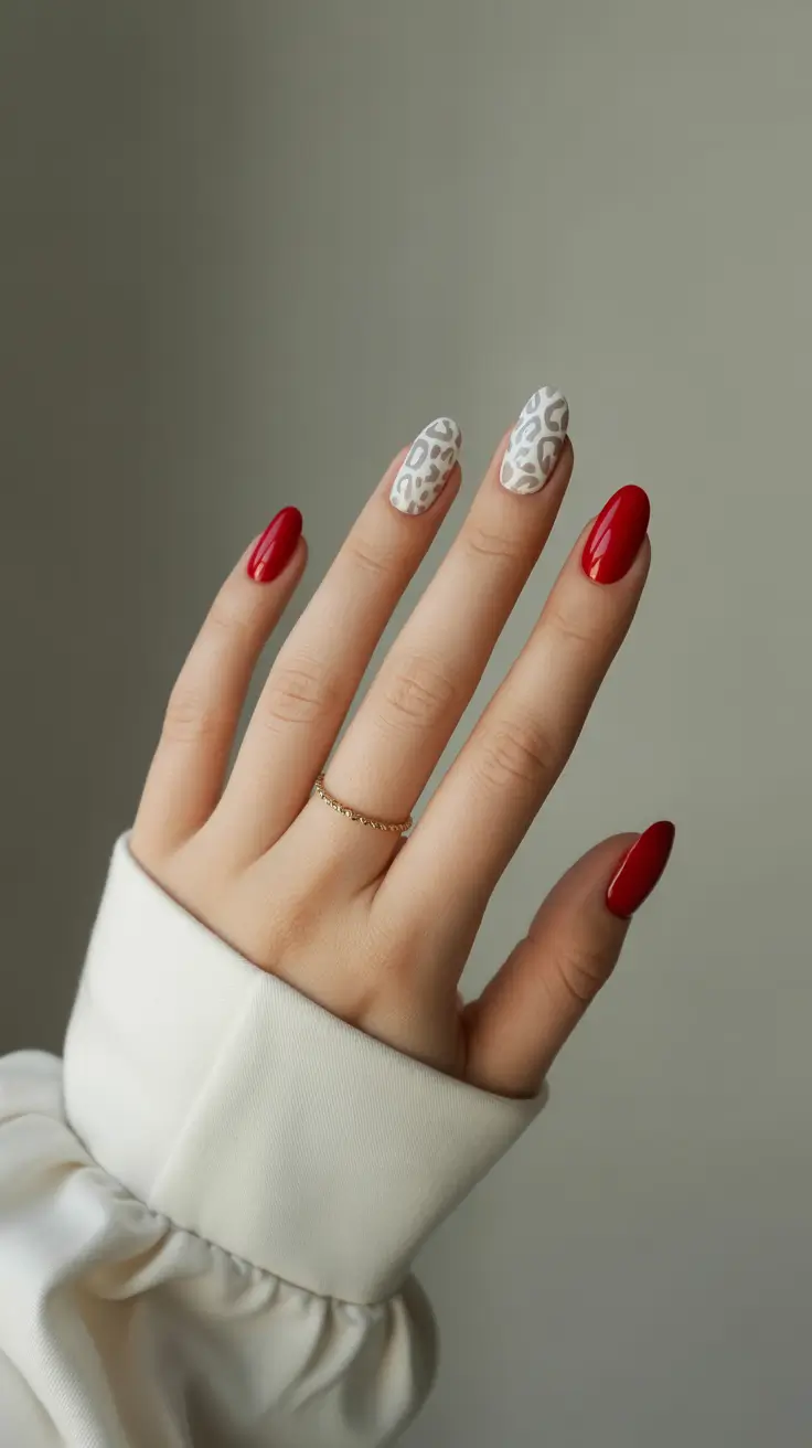 Bold red almond nails with white patterns