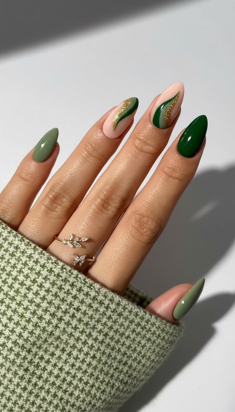 Earthy green almond nails with gold accents