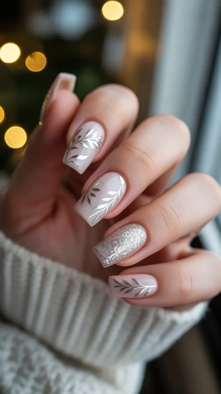 Winter white square nails with glitter accent