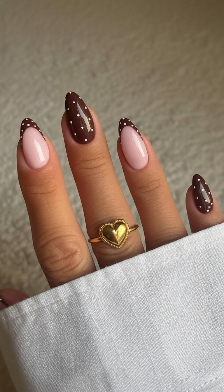 Chocolate almond nails with polka dot tips