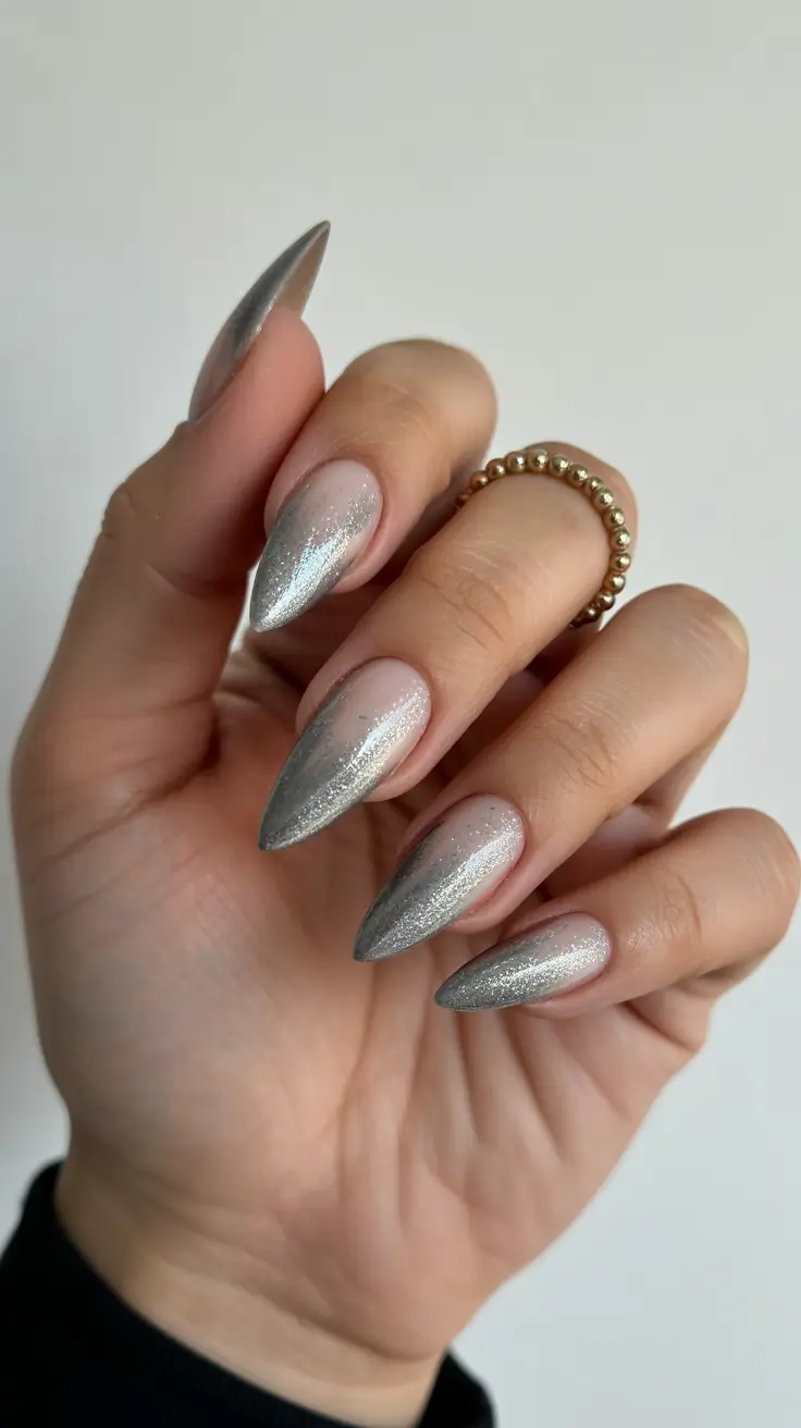 Silver ombre stiletto nails with shimmer finish