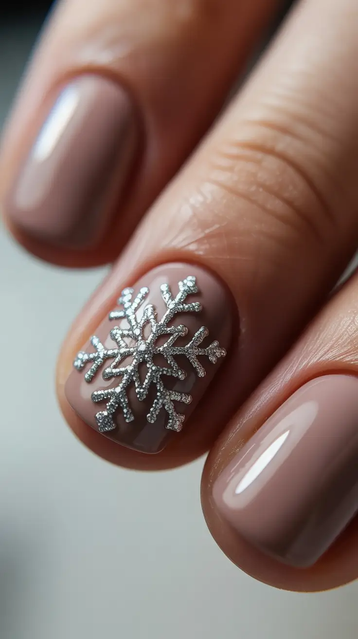 Taupe short nails with silver snowflake accent