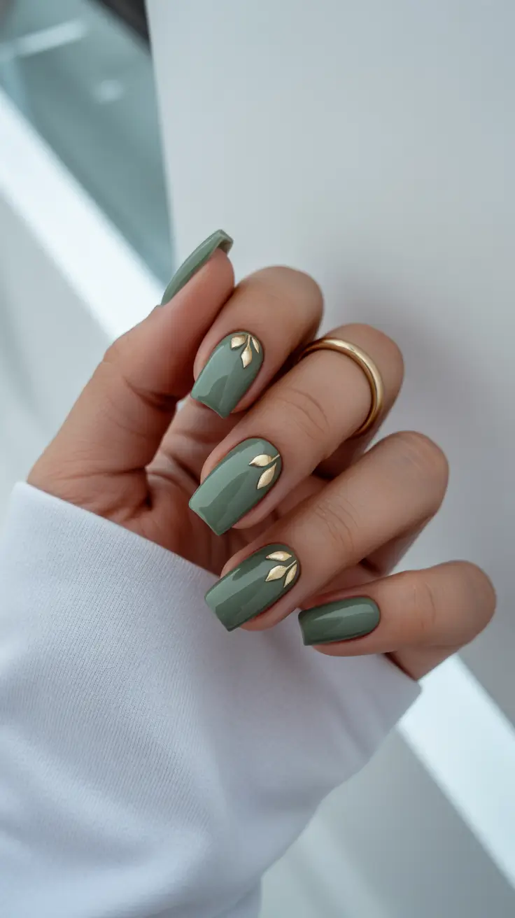Olive square nails with gold leaf accents