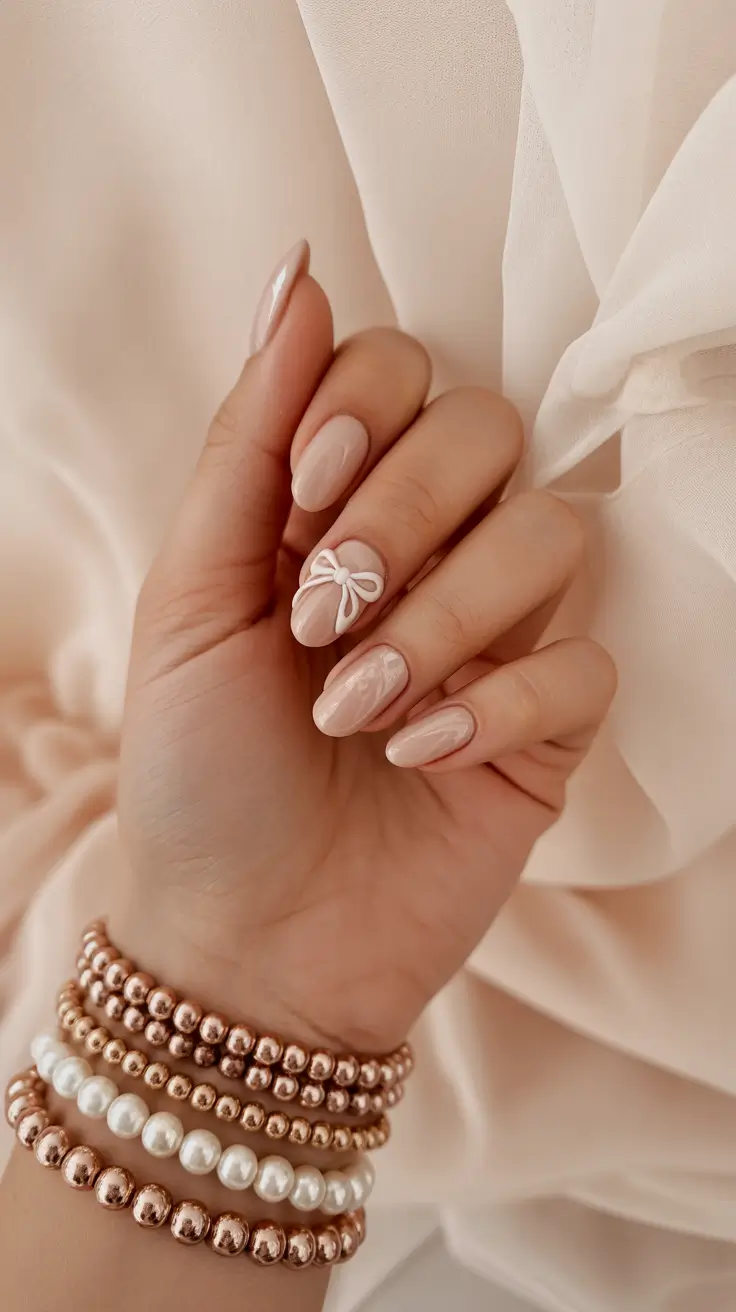 Blush almond nails with bow accent
