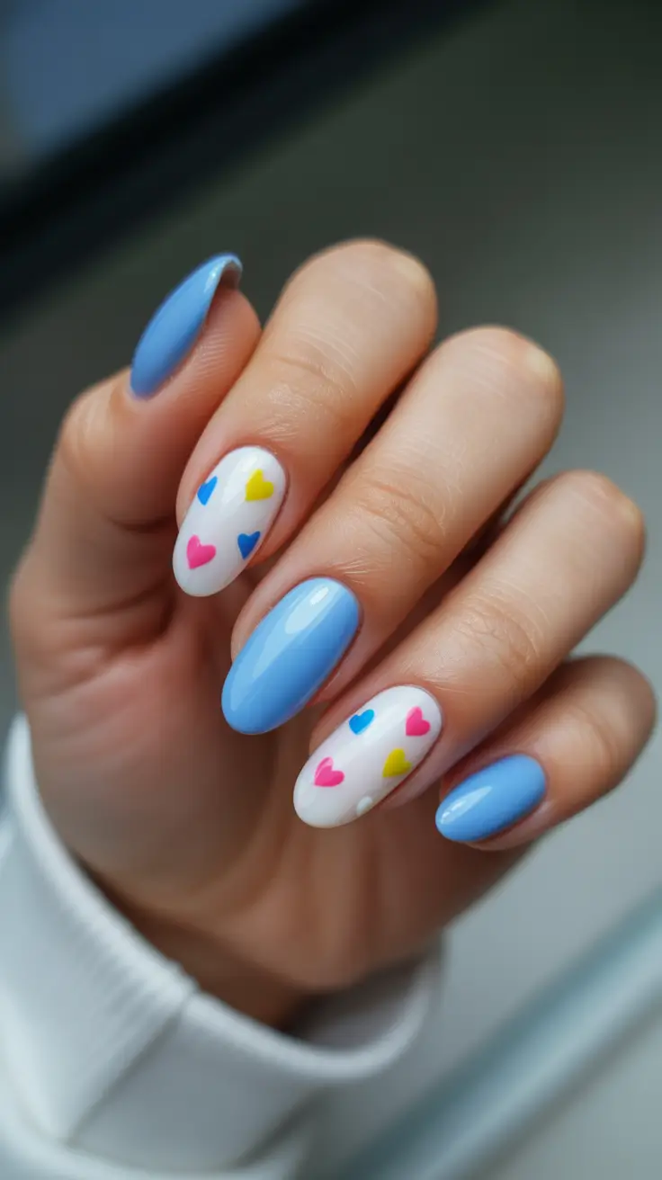 Blue almond nails with colorful heart accents