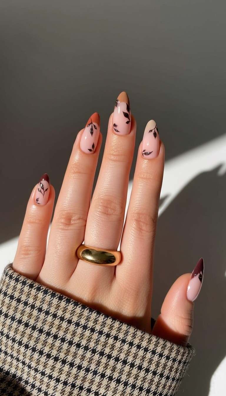 Autumn-inspired almond nails with leaf patterns
