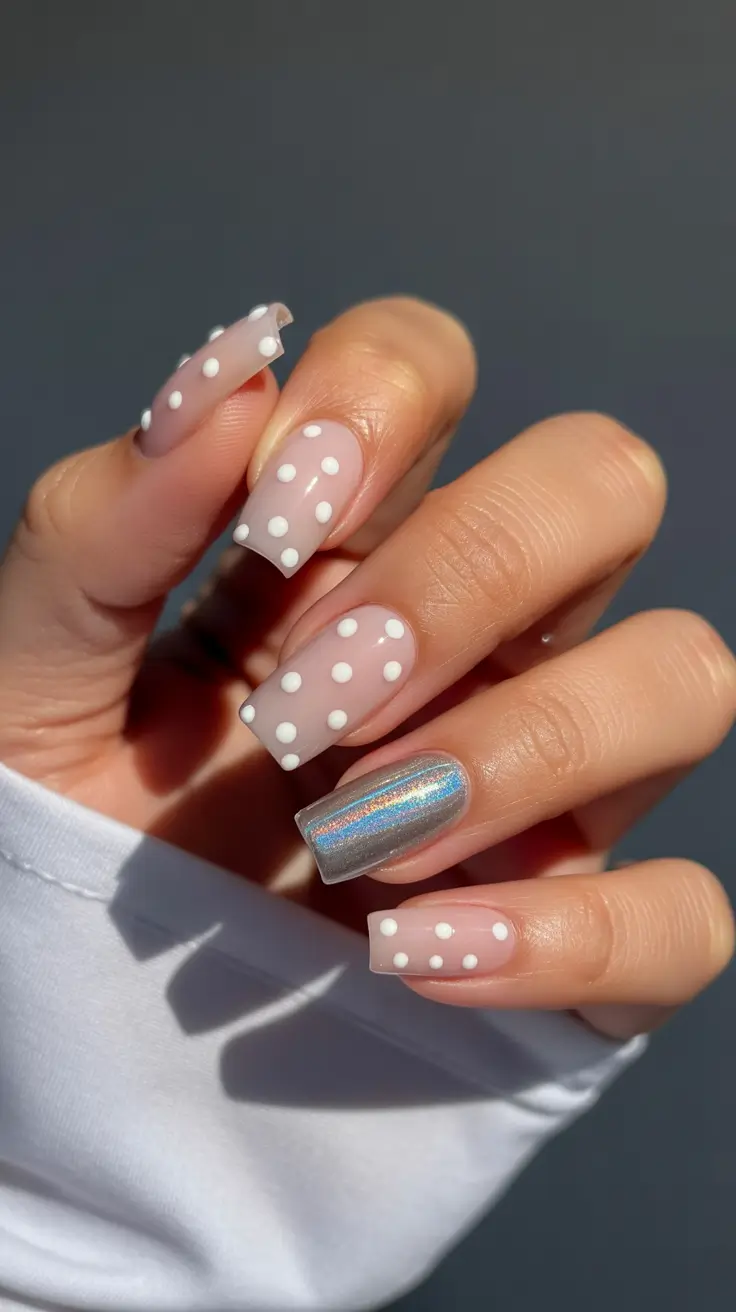 Polka dot square nails with chrome accent