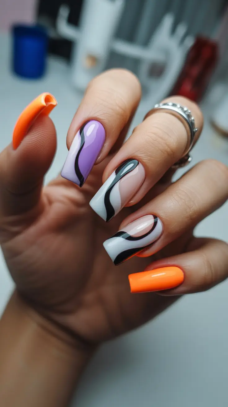 Abstract square nails with vibrant color swirls
