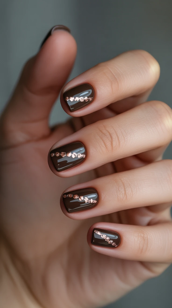 Short nails with minimalist dot art and a dark base, chic fall nail design