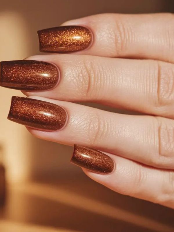 Rustic glitter nails with a brown shimmer, autumn nail inspiration