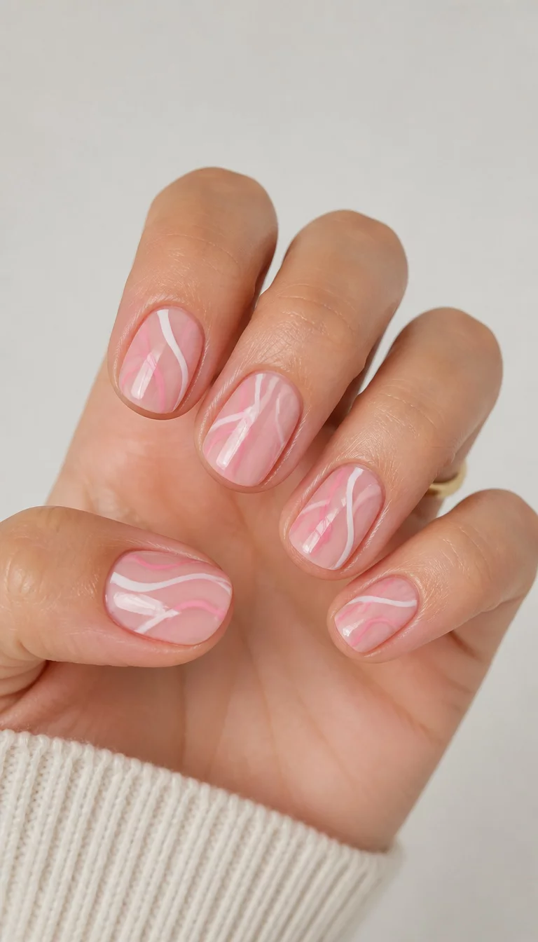 Soft pink marble nails with a glossy finish, romantic nail style