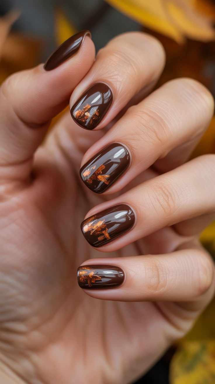 Dark brown nails with copper accents, perfect fall nails