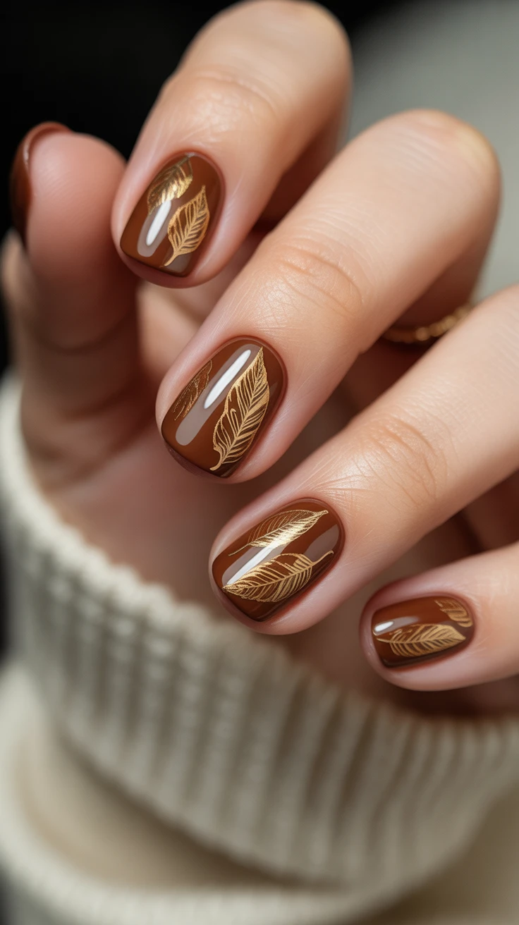 Brown nails with golden leaf art, autumn manicure idea
