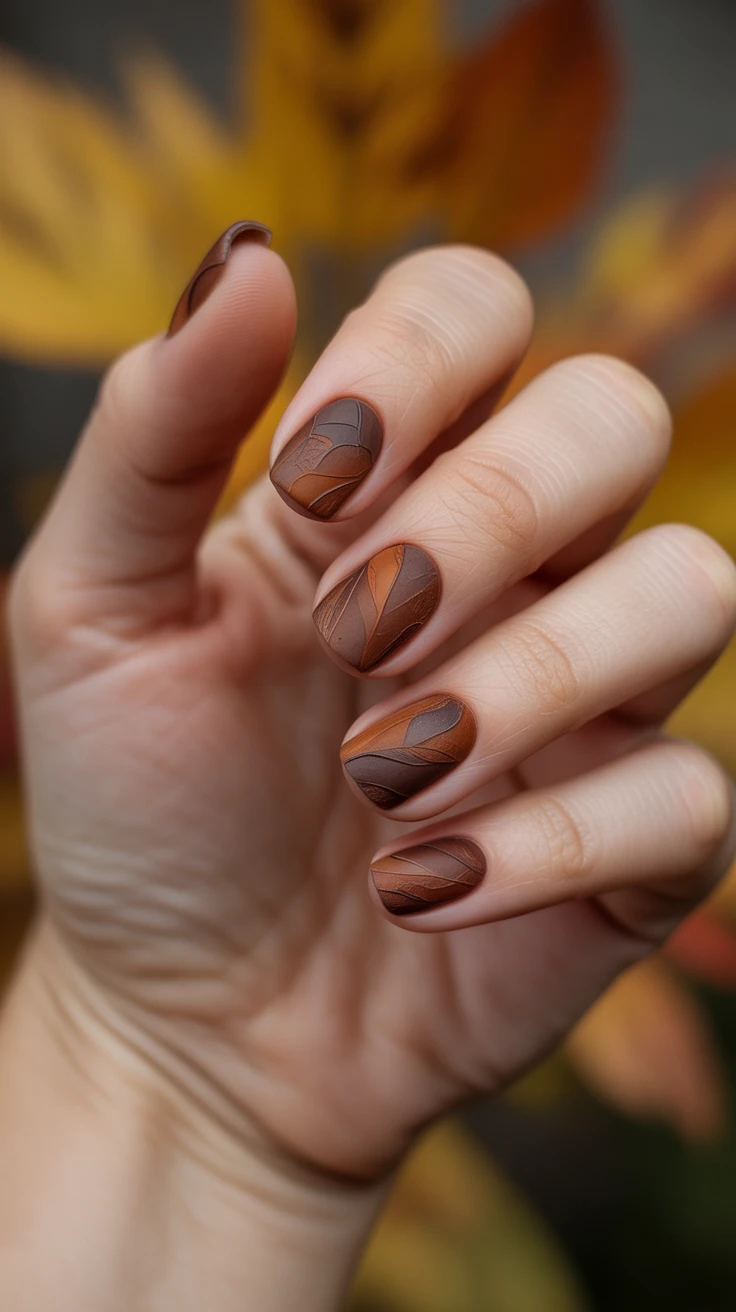 Matte brown nails with leaf design, fall nail art