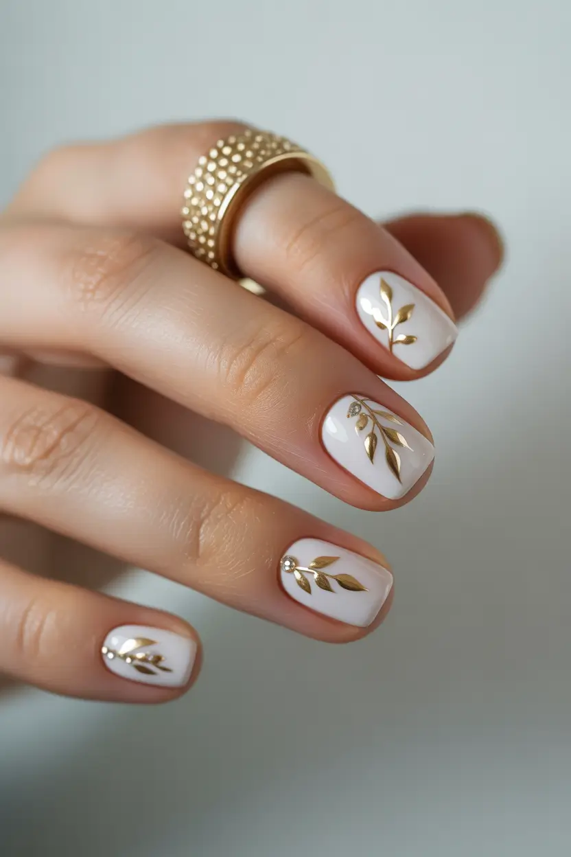 Nude nails with golden leaf art, chic fall nails