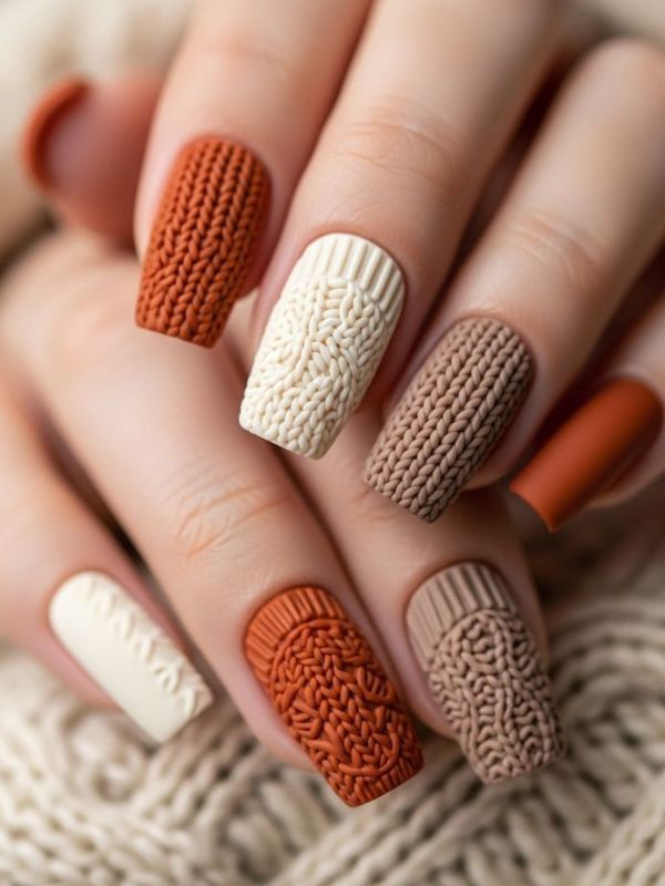Textured knit effect nails in autumn shades