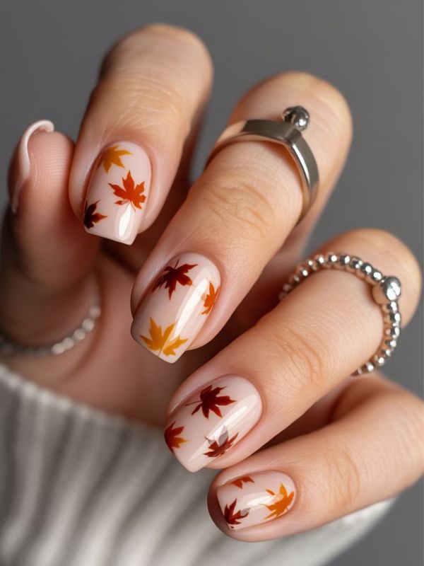 Nude nails with autumn leaf design, seasonal nail art