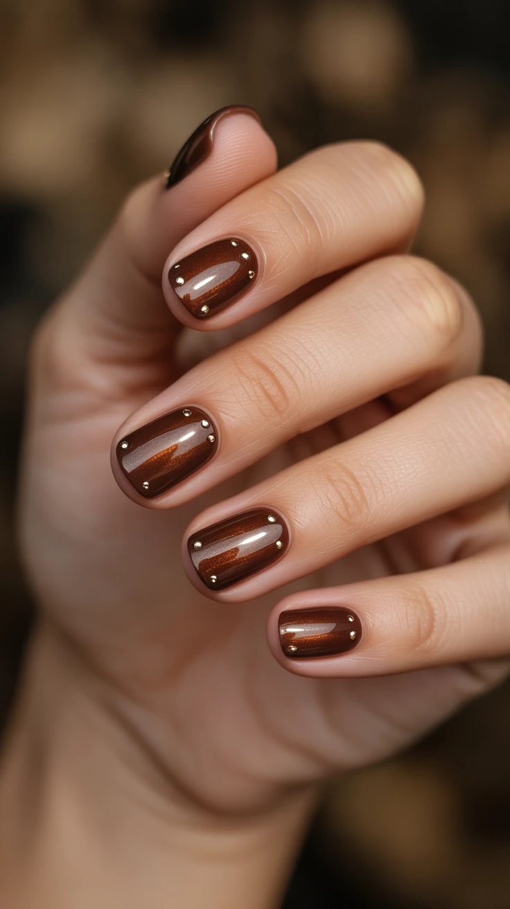 Glossy chocolate nails with gold studs, stylish autumn design