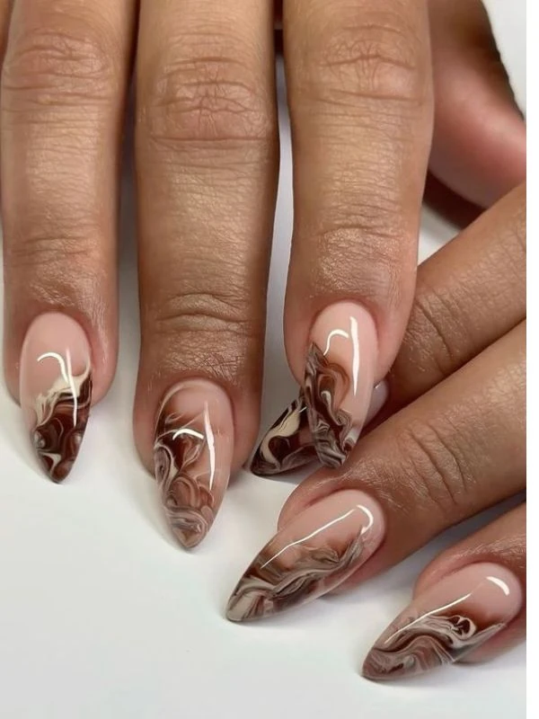 Brown marble stiletto nails, bold fall nail art