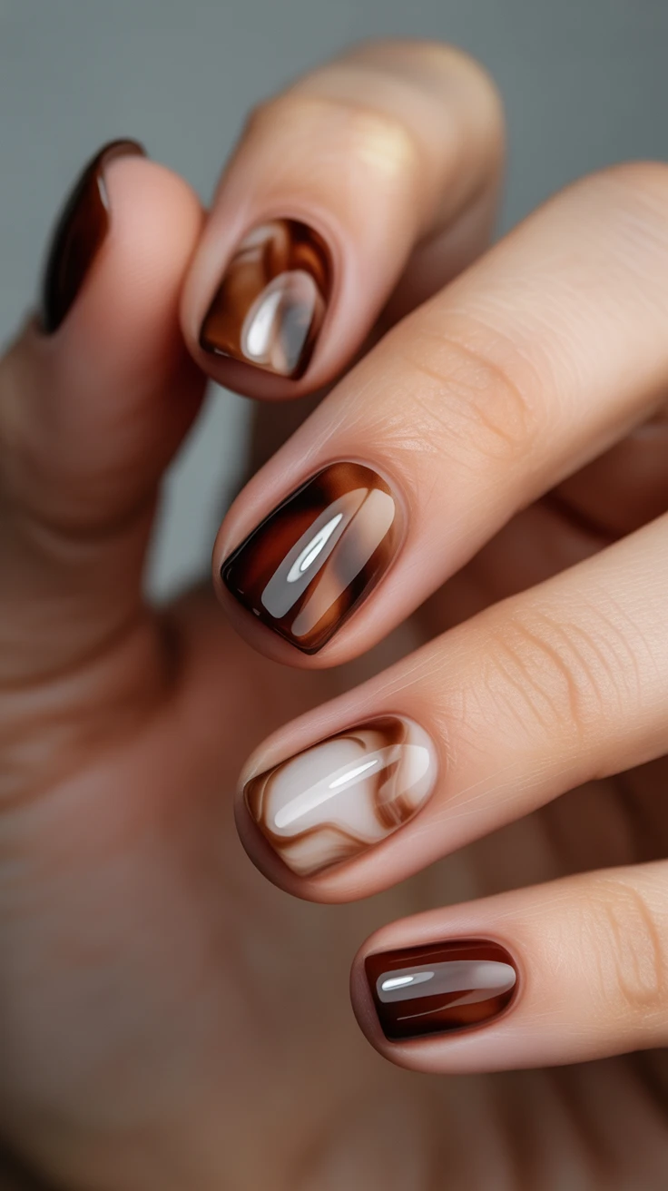 Short mocha swirl nails, chic autumn design