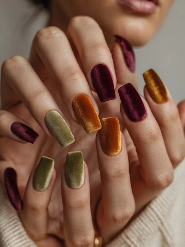 Velvet effect nails in autumn shades, luxurious nail design