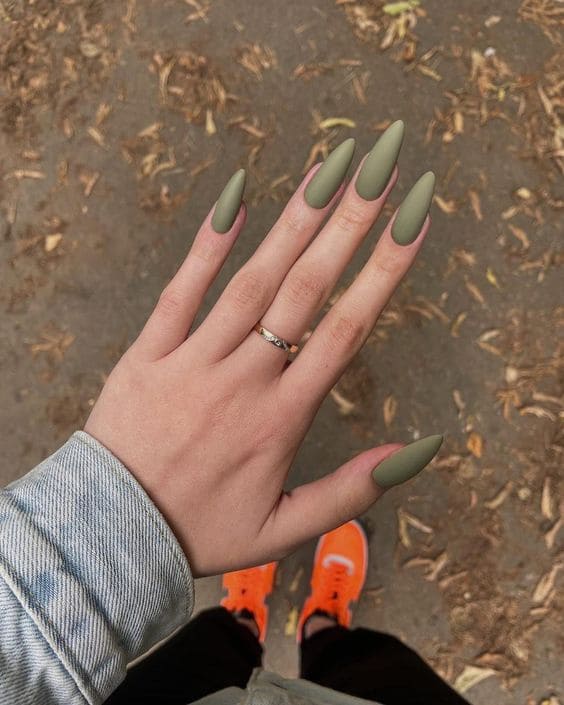 Matte olive nails in almond shape, autumn style